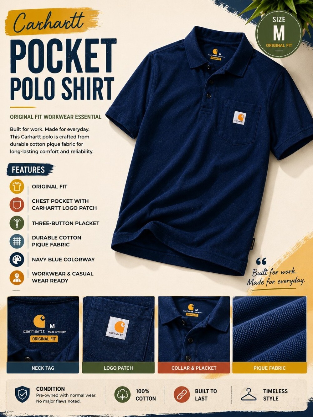 (2) Carhartt Men's Navy Blue Pocket Polo with Logo Patch